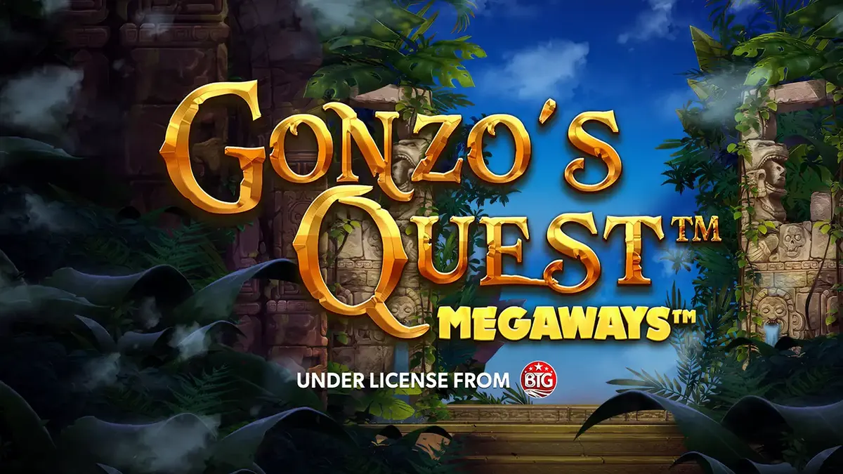 Gonzo’s Quest Megaways slot dengan latar belakang reruntuhan kuno dan simbol topeng batu