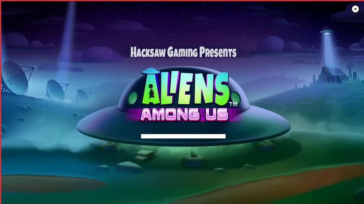 Tampilan visual neon dari slot Aliens Among Us dengan tema invasi alien dan agen FBI.