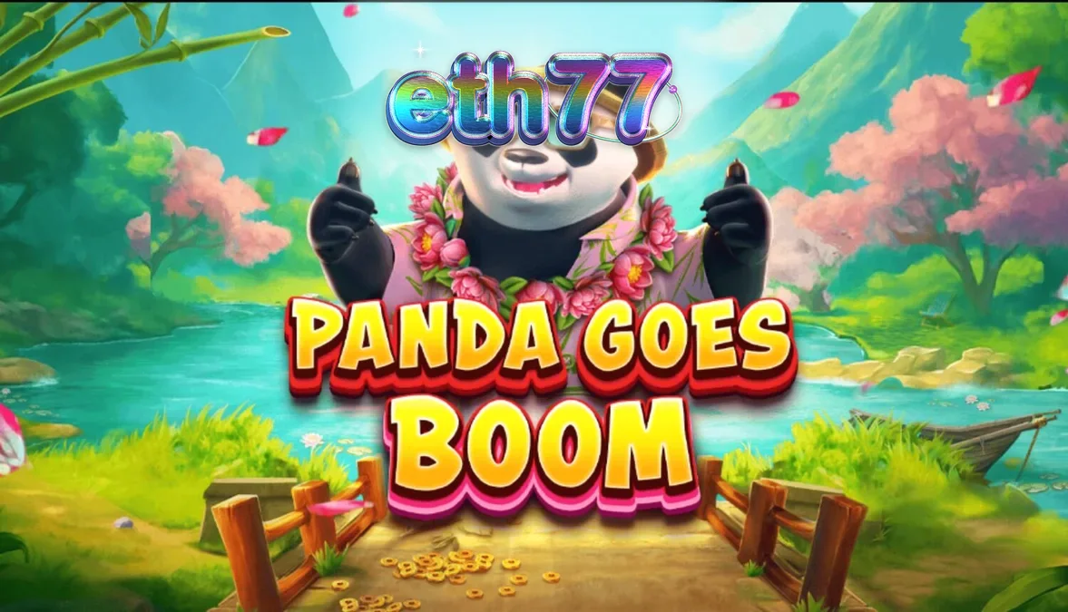 Panda santai di latar belakang tropis dalam slot Panda Goes Boom